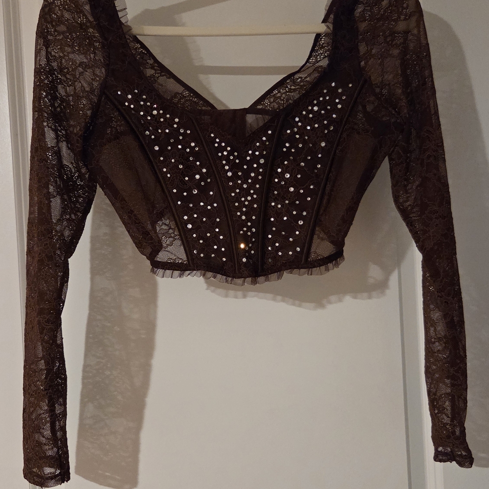 Victoria's Secret Brown Lace Blouse with Rhinestones